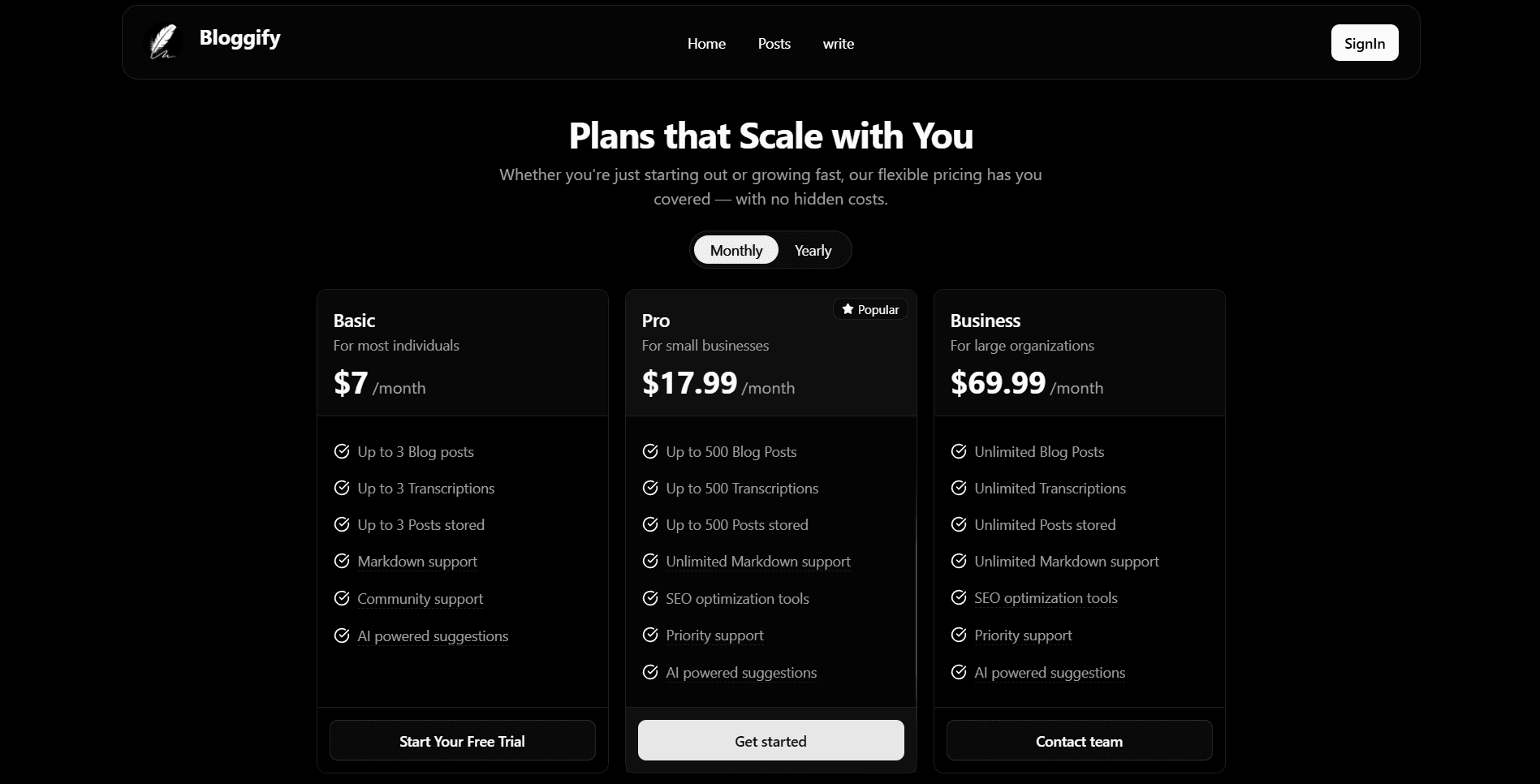 Pricing page screenshot